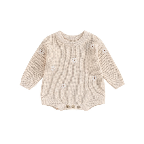 Canrulo Newborn Baby Girls Autumn Winter Sweater Romper Long Sleeve Flower Embroidery Knit Jumpsuit Light Milky White 0-3 Months