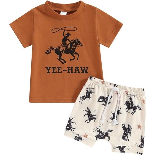 Western Baby Boy Clothes Yee Haw Short Sleeve T-Shirt Tops Ride Horse Shorts Set Toddler Cowboy Summer Outfit - 6-12 Months - Beige