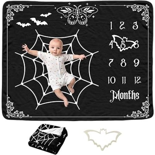 Gothic Baby Monthly Milestone Blanket for Boys, Goth Newborn Month Blanket, Soft Flannel Photography Background Prop Blanket, Moth Bat Halloween Personalized Shower Gift, Gothic