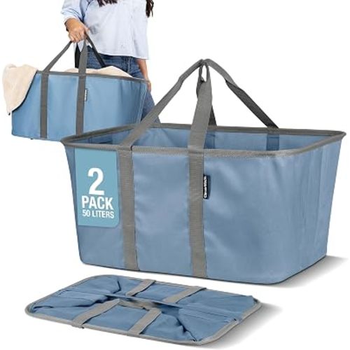 CleverMade Collapsible Laundry Tote, 50L Carry-All Tote, 2 Pack, Denim