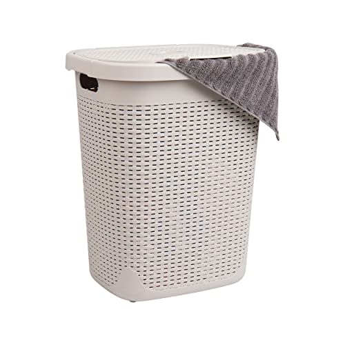 Mind Reader Slim Laundry Hamper with Lid, 50L Clothes Basket, Premium Wicker Design, Plastic, Ivory