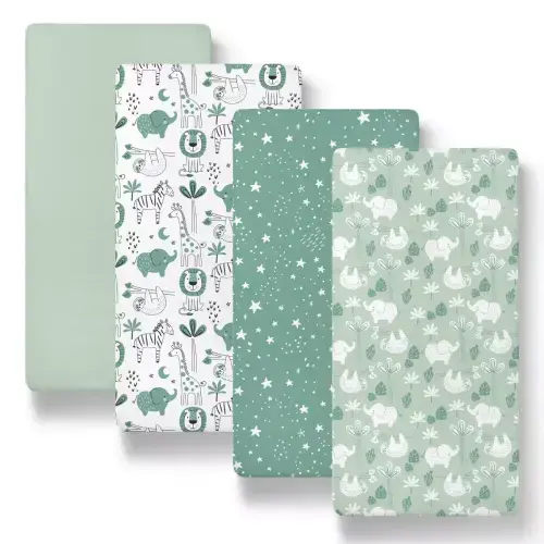 The Peanutshell Green Safari Bassinet Sheets, Green, 4-Pack