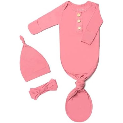 Newborn Baby Knotted Gown, Super Soft Silky Infant Sleeper, Baby Girl Sleep Gown with Mittens, Bow, and Hat Set