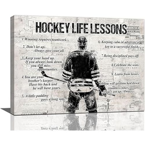 Vintage Hockey Sports Wall Art Hockey Life Lessons Wall Decor Hockey Sign Retro Poster Boy Men Room Motivational Decorations Canvas Print Painting Artwork for Bedroom Bathroom Living Room 16"x12"