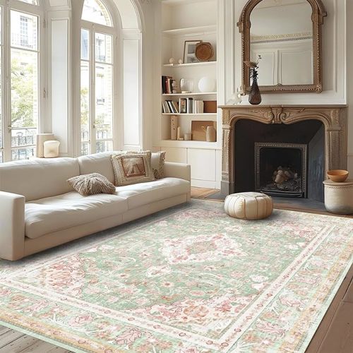 Vhong Washable Area Rugs Boho Vintage Modern Neutral Large Carpet Green and Pink High Traffic Rugs 6×9 for Dinning Room Living Room Bedroom Farmhouse Non Slip