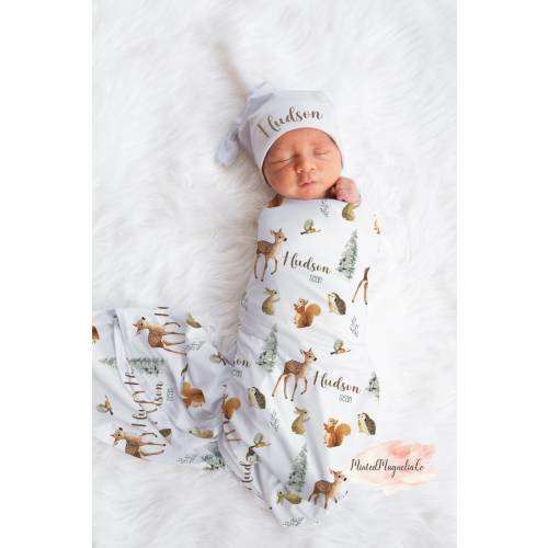 Personalized Woodland Animal Baby Name Custom Swaddle Gift Idea For Baby Boy, Newborn Baby Woodland Animal Swaddle Blanket Photo Prop, Deer