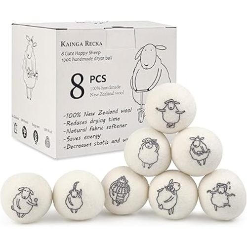 Wool Dryer Balls, 8PCS Dryer Balls with Happy Sheep - Natural & Organic, 100% New Zealand Wool Handmade, Chemical-Free Reusable Laundry Balls, Anti-Static Reduce Wrinkles and Save Time