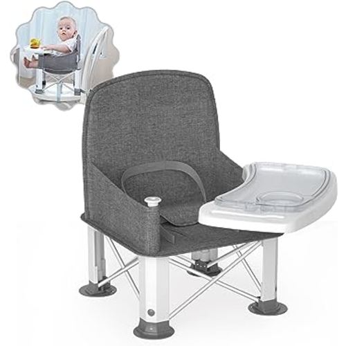 Baby Travel Booster Seat with Double Tray, BabyBond Upgraded Toddler Portable Baby Chair, Booster Seat for Dining Table, Stable and Foldable Booster Baby Chair for Indoor/Outdoor (Grey)