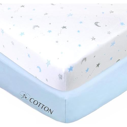 American Baby Company 2 Pack Fitted Crib Sheets 28" x 52", Soft Breathable Neutral 100% Cotton Jersey Sheet, Blue Stars and Blue, for Boys and Girls, Fits Crib and Toddler Bed mattresses