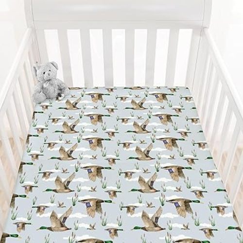 HawSkgFub Duck Hunting Mallard Hunter Fitted Standard Crib Sheet for Baby Boy, Wild Animal Bird Reeds Blue Toddler Mattress Cover, Soft Breathable Stretchy Nursery Bed Sheets Decor Kids Gift 52" x 28"