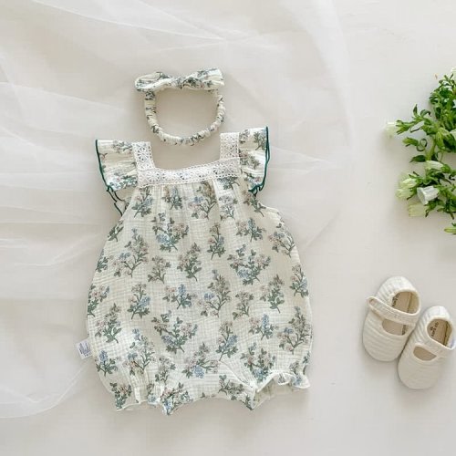 Baby Flowers Vintage Sleeveless Romper with Headband (3-6)