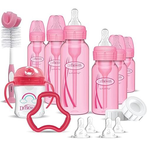 Dr. Brown's Natural Flow Anti-Colic Options+ Special Edition Pink Baby Bottle Gift Set with Soft Sippy Spout Transition Cup, Flexees Teether, Bottle Cleaning Brush and Travel Caps