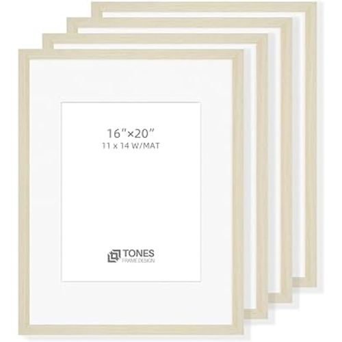 16x20 Picture Frame Set of 4, Display Pictures 11x14 with Mat or 16x20 Without Mat, Woodgrain Photo Frame with Plexiglass Cover for Wall Mounting Display (Natural White)