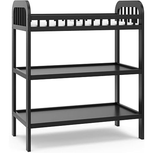 Storkcraft Pasadena Changing Table with Water-Resistant Changing Pad (Black) - GREENGUARD Gold Certified, Includes Bonus Water-Resistant Changing Pad with Safety Strap, 2 Open Shelves