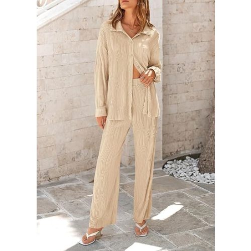 PRETTYGARDEN Women's 2 Piece Textured Sets Casual Button Down Shirt Wide Leg Pants Outfit Loungewear Tracksuit
