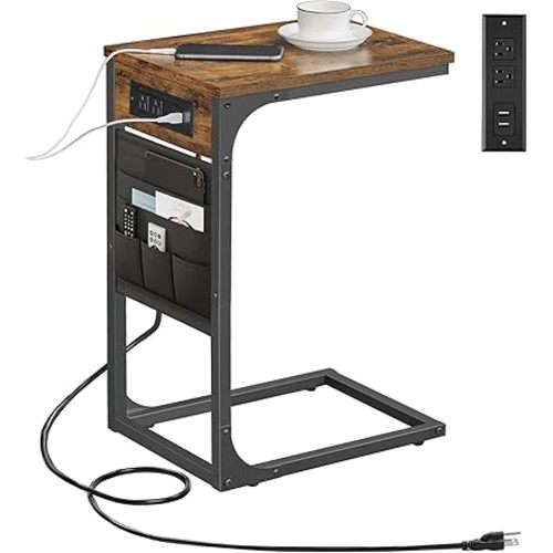 TUTOTAK C Shaped End Table with Charging Station, Side Table for Sofa, Couch Table with Storage Bag, TV Tray Table with 2 USB Ports and Outlets for Living Room, Bedroom, Brown TB01BB024