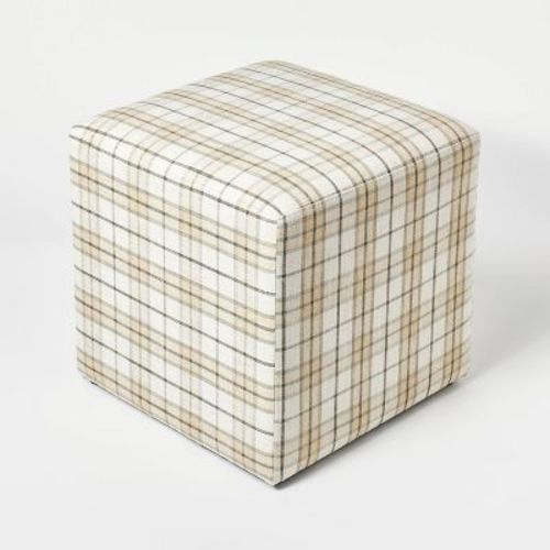 Lynwood Square Upholstered Cube Ottoman - Threshold™ designed with Studio McGee, Color: Cream/Brown Plaid