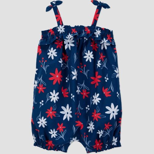 Carter's Just One You® Baby Girls' Floral Romper - Red/White/Blue 12M: Cotton Poplin, Crotch Snap