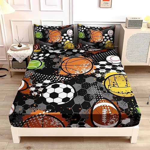 Kids Sports Balls Bedding Twin Bed Set - Tie-Dyed Football Basketball Baseball Print Fitted Sheet Set for Boys Room Decor - Sports Themed Bedding - 1 Fitted Sheet + 2 Pillowcases