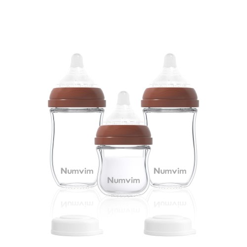 Numvim Glass Baby Bottles Gentle Slow Flow, Newborn Breastfeeding Bottle with Anti Colic Nipple for 0 Months Babies, 3 Packs (Brown, 3oz+5oz)
