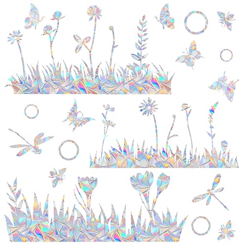Flower and Grass Anti-Collision Decals - Save Birds from Window Collisions, Reusable Vinyl Rainbow Stickers