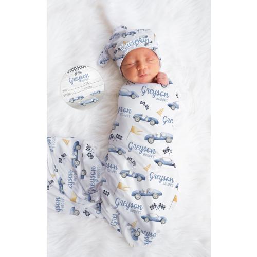 Race Car Swaddle Bundle, Personalized Swaddle Blanket, Race Car Baby Swaddle, Race Car Birth Stat Sign, T56