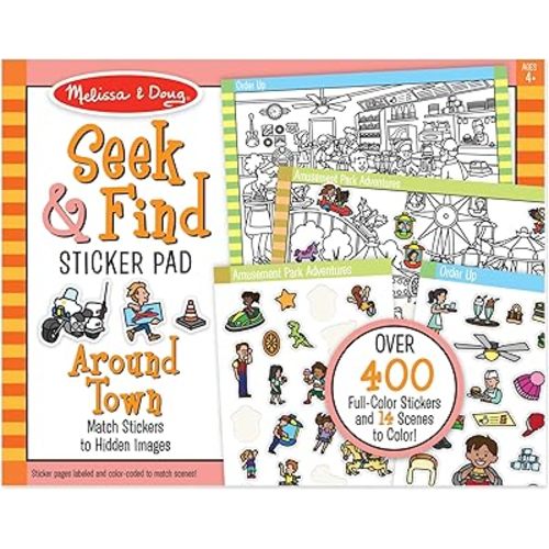 Melissa & Doug Seek and Find Sticker Pad – Around Town (400+ Stickers, 14 Scenes to Color) Search and Find Sticker Pads, Arts and Crafts Activity for Kids Ages 4+ - FSC-Certified Materials