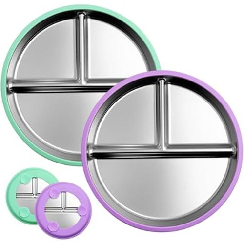 Stainless Steel Kids Plates, Plates with Suction, Stainless Steel Plate Suction, Divided Control Plate with Removable Silicone Shell, Feeding Camping (Green and Purple)