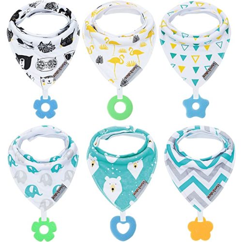 Baby Bandana Drool Bibs 6-Pack and Teething Toys 6-Pack Made with 100% Organic Cotton, Absorbent and Soft Unisex