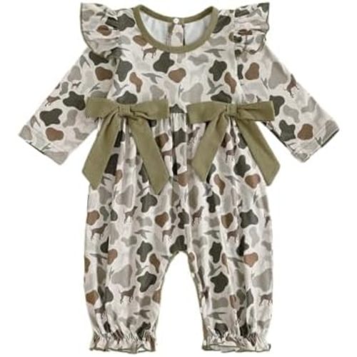 Newborn Baby Girl Fall Outfit Duck Hunting Camo Long Sleeve Smocked Romper Ruffle Jumpsuit Infant One Piece Clothes