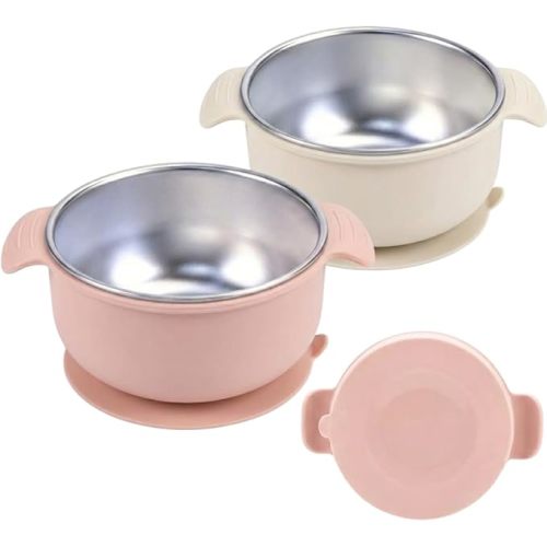 Stainless Steel Baby Suction Bowls with Handles 2 Pack, Non-Slip Children Food Bowl with Silicone Sleeve for Kids Toddlers Infants, Unbreakable & Non Toxic (Tofu & Pearl Blush)