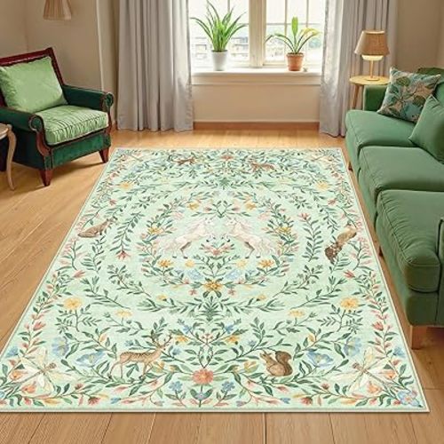 Machine Washable 5x7 Area Rugs for Living Room, Non Slip Soft Low Pile Unicorn Floral Farmhouse Moroccan Vintage Animal Playroom Girls Rugs for Bedroom, Carpet Rugs for Nurseries(Sage Green,5'x7')