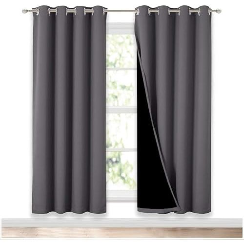 NICETOWN Greyish Green 100% Blackout Lined Curtains, 2 Thick Layers Completely Blackout Window Treatment Thermal Insulated Drapes for Kitchen/Bedroom (1 Pair, 62" Width x 63" Length Each Panel)