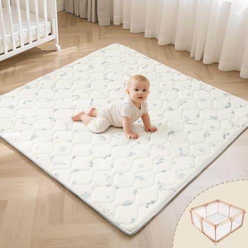 Fortella Extra Thick Baby Play Mat for 50" Playpen, 47"x47" Snug Fit Playpen Mat, Machine Washable Foam Play Mat for Floor - Portable, Non-Slip Tummy Time & Crawling Mat for Babies Toddlers (Ocean Ivory)