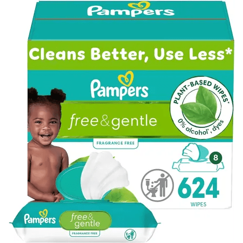 Pampers Baby Wipes, Free & Gentle, Hypoallergenic and Unscented Wipe, 100% Plant Based, Plastic-Free for Babies, 624 Total (8 Flip-Top Packs)