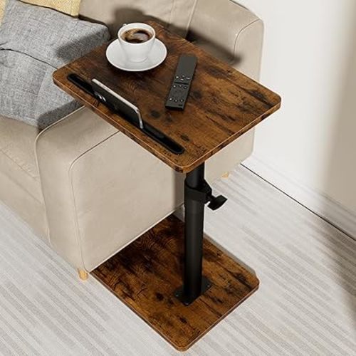 Tray Table - 360° Swivel Height Adjustable End for Small Spaces, Snack Side Table for Bed or Chair with Phone & Tablet Slot (Rustic,Standard)