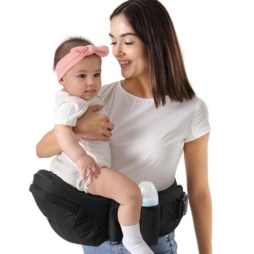 HKAI Baby Carrier Hip Seat, Mom’s Choice Award Winner, Advanced Large Capacity Pocket with Adjustable Waistband, Shock Absorption Hip Seat Surface for Newborns & Toddlers, (Black)