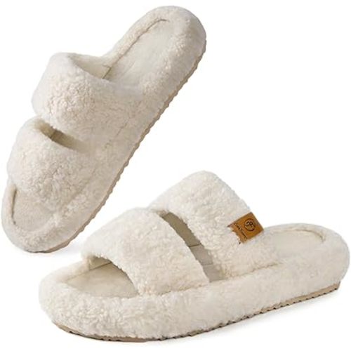 EverFoams Womens Fuzzy Open-toe Slippers Soft Comfy Memory Foam Indoor House Shoes
