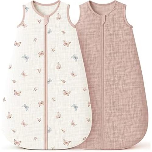 Konssy Muslin Baby Sleep Sack 6-12 Months 0.8 TOG, 2 Pack 100% Cotton Wearable Blanket for Babies, 2-Way Zipper Breathable Sleeping Sack Infant Toddler Essentials for Girls and Boys(Butterfly,Taupe)