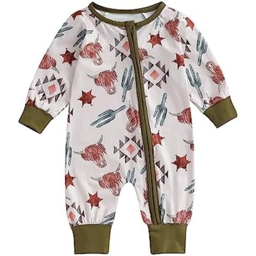 FIOMVA Newborn Western Baby Boy Clothes Highland Cow Print Onesie Jumpsuit Fall Outfit Zipper Cowboy One Piece Romper