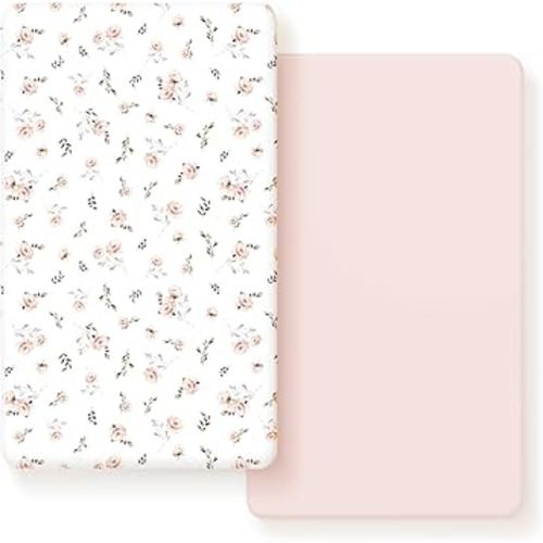 GRSSDER Stretch Ultra Soft Jersey Knit Fitted Crib Sheets Set 2 Pack, Universal Fitted Most Crib Mattress Pads Safe and Snug, Breathable Crib Fitted Sheet for Baby, Pink Rose Print