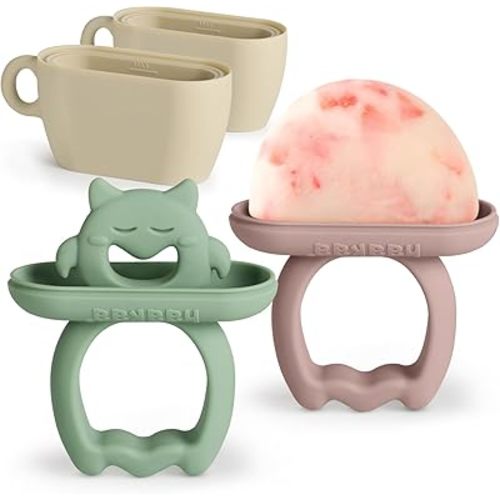 Haakaa Chilly Monster Popsicle Molds, Silicone Breastmilk Popsicle Molds for Baby Teething Relief, BPA Free Ice Pop Molds&Frozen Breast Milk Teether Popsicle Maker for Infant 6m+(Blush + Pea Green)
