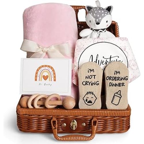 Baby Shower Gifts, Baby Girl Gifts Basket, Unique Baby Gift Essential Stuff Set - Baby Lovey Blanket New Born Bibs Socks Wooden Rattle & Greeting Card, Newborn Baby Gift Set (Fox, Pink)