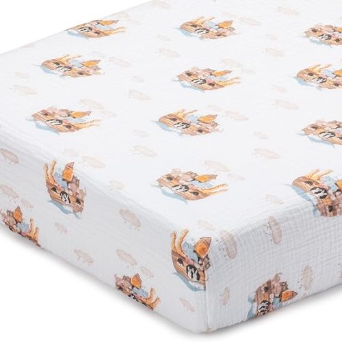 LollyBanks Fitted Crib Sheet 1 Pack, 100% Cotton Muslin Crib Sheets, Soft and Breathable Neutral Baby Bed Sheets for Standard 52 x 28 Inches Mattress, Baby Bedding Essentials (Noah's Ark Print)