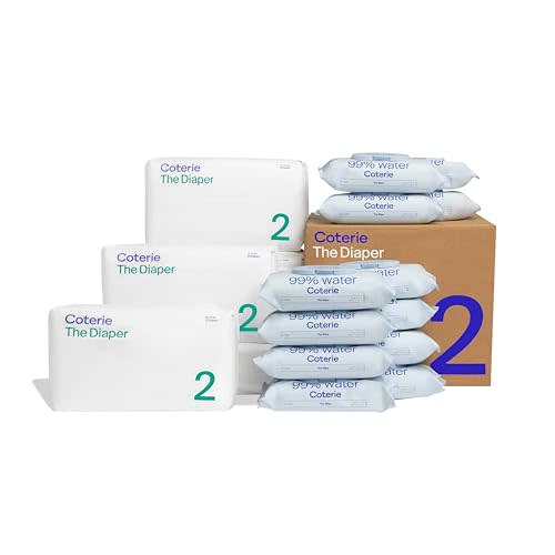 Coterie Baby Diapers + Wipes Baby Kit, Size 2 (186 Count) + 12 Wipe Packs (672 Wipes) Made with Plant-Based Fibers, Hypoallergenic, Designed for Sensitive Skin, Clean Ingredients