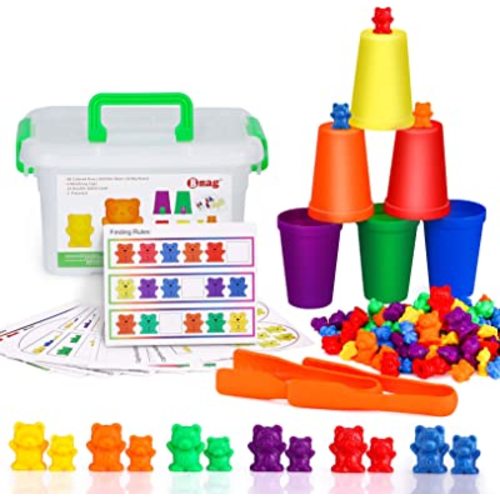 Bmag Counting Bears with Matching Sorting Cups,Number Color Recognition STEM Educational Toy for Toddler, Pre-School Learning Toy with 90 Bears,2 Tweezers,11 Activity Cards,1 Storage Box