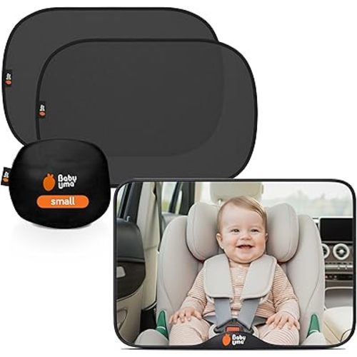 Baby Uma Car Window Shades + Baby Car Mirror - UPF 50+ Window Shade 2 Pack PLUS 1 Shatterproof, XL View Mirror for Baby, Easy On 'n Off, Newborn Essentials