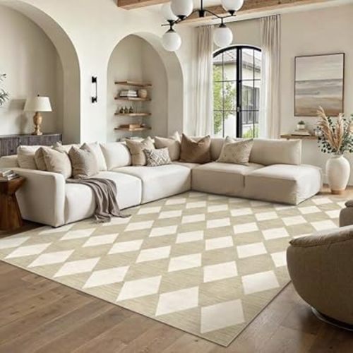 PureCozy Machine Washable Beige 6x9 Area Rugs for Living Room Modern Soft Large Checkered Rug Non-Slip Low Pile Accent Indoor Office Carpet for Bedroom Dining Room Nursery Classroom