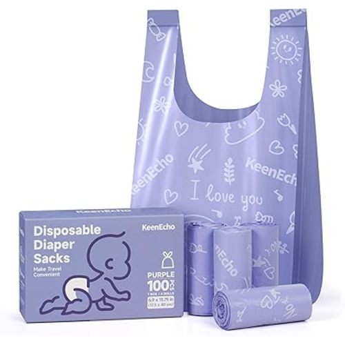 KeenEcho Disposable Nappy Bags with Handles 100 Count (4 Rolls), Leak-Proof Odor Lock Unscented Nappy Sacks on the Go, Ocean Recycled Plastic