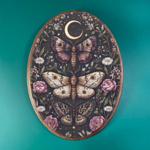 Mystical Moths Wooden Decor- Vintage Style Wood Plaque, Botanical Moody Decor, Gothic Witchy Nature Oval, Dark Cottagecore Flower Wall Art